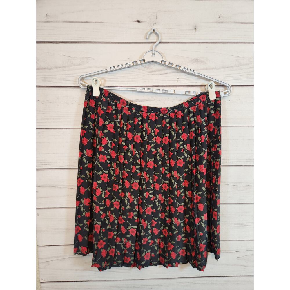 Leslie Fay Women's Black Floral Elastic Waist Pleated Midi Skirt‎ Size 22 Petite